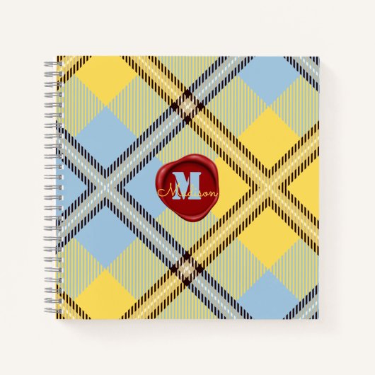 Chic Yellow Blue Tartan Stamp Monogram Script Naam Notitieboek (Voorkant)