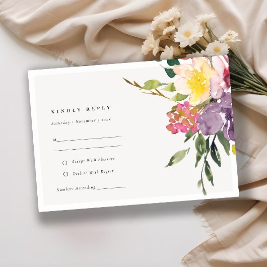 Chic Yellow Blush Burgundy Floral Wedding RSVP Informatiekaartje