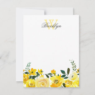 Chic Yellow Botanical Floral Monogrammed Note Notitiekaartje