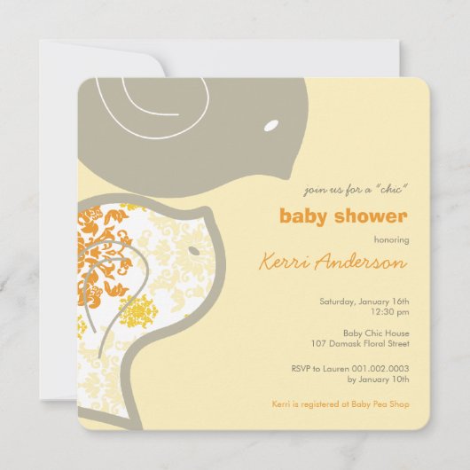 Chic Yellow Damask Chicks Baby shower Party Invite Kaart (Voorkant)