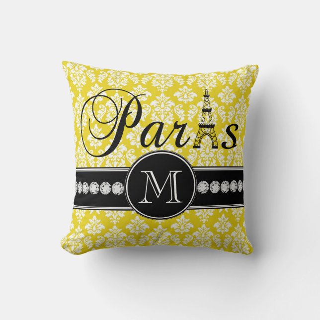 Chic Yellow Damask Paris Monogrammed Kussen (Voorkant)