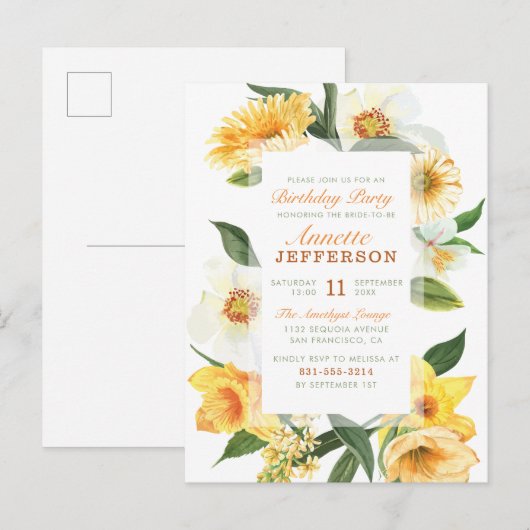 Chic Yellow Delicate Daisies Floral Birthday Party Uitnodiging Briefkaart (Voorkant / Achterkant)