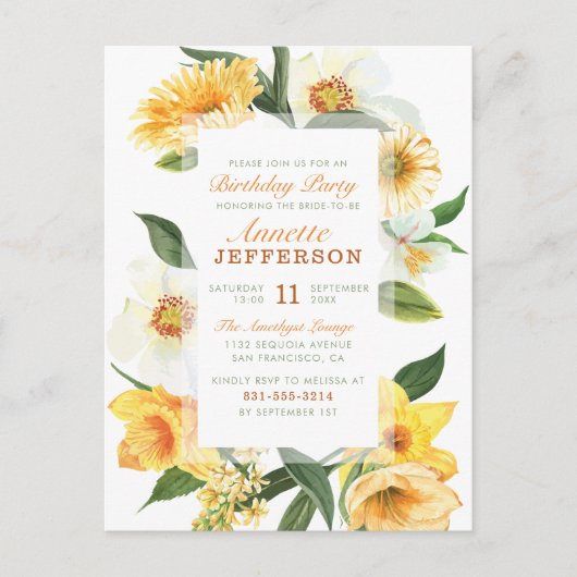 Chic Yellow Delicate Daisies Floral Birthday Party Uitnodiging Briefkaart (Voorkant)
