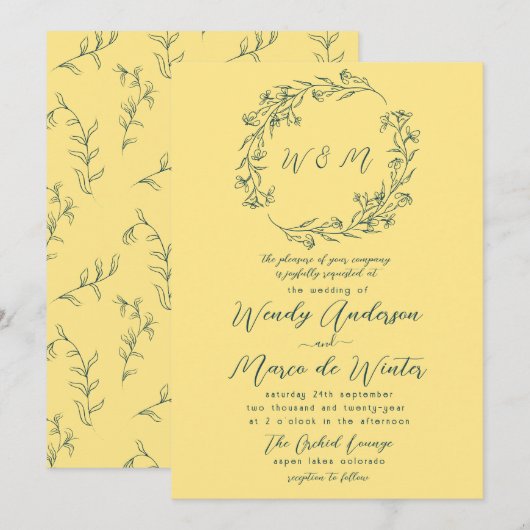 Chic Yellow en Tiber Blue Boho Botanische bruiloft Kaart (Voorkant / Achterkant)