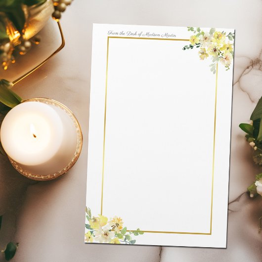 Chic Yellow Floral Gold Border Custom Briefpapier