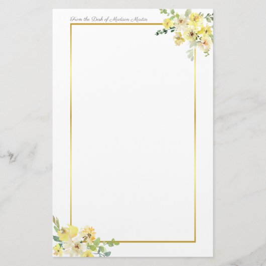 Chic Yellow Floral Gold Border Custom Briefpapier (Voorkant)