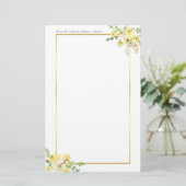 Chic Yellow Floral Gold Border Custom Briefpapier (Staand voorkant)