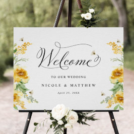 Chic Yellow Floral met bijen, bruiloft welkomstbor Poster