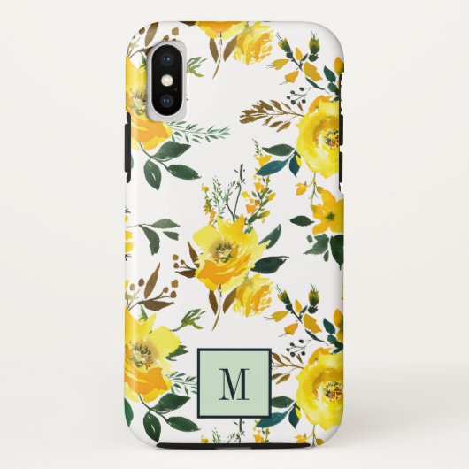 Chic Yellow Flowers en bladmonogram Case-Mate iPhone Case (Achterkant)