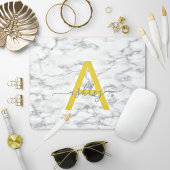 Chic Yellow Grey White Marble Script Name Monogram Muismat
