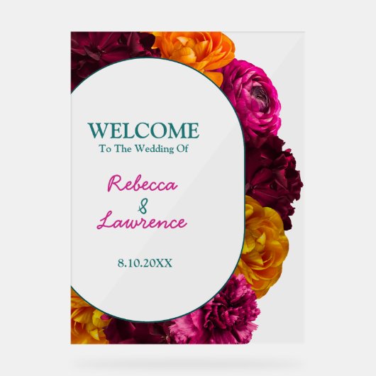 Chic Yellow Hot Roze Groene Bloemen Huwelijk Welko Acryl Bord (Voorkant)