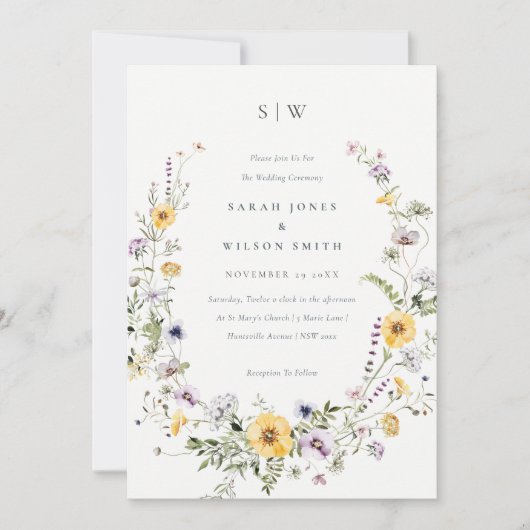 Chic Yellow Lila Wildflower Wreatding Wedding Invi Bedankkaart (Voorkant)