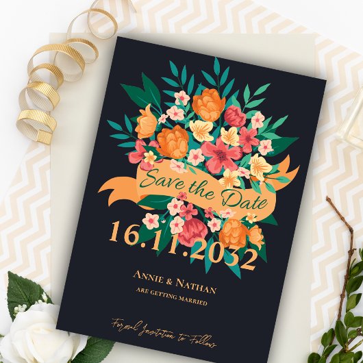 Chic Yellow Oranje Blooms Wedding Save the Date