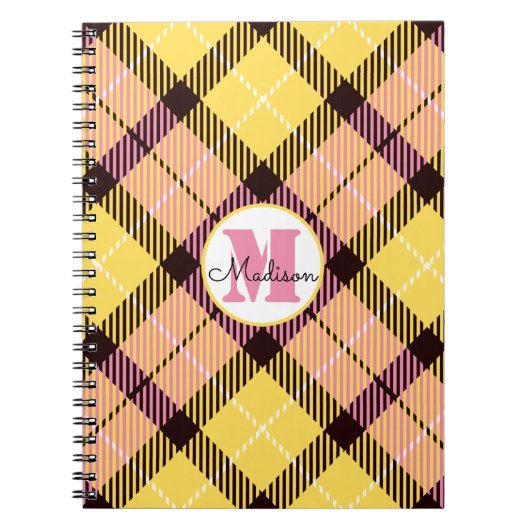 Chic Yellow Pink Pset Tartan Monogram Naam Notitieboek (Voorkant)