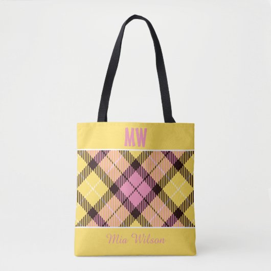 Chic Yellow Pink Pset Tartan Persoonlijke naam Tote Bag (Voorkant)