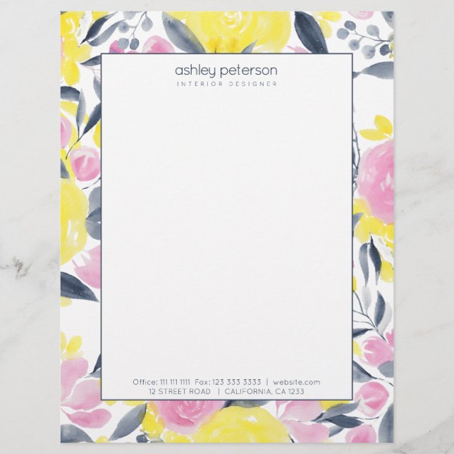 Chic yellow roze indigo blauw waterverf met blauw  briefhoofd (Voorkant)