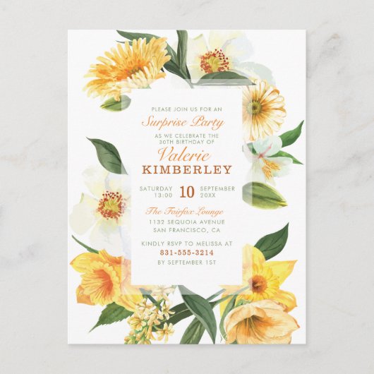 Chic Yellow Spring Daisies Floral verrassingsparty Uitnodiging Briefkaart (Voorkant)