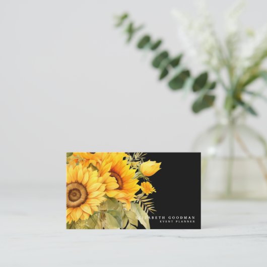 Chic Yellow Zonnebloemen Zwarte Visitekaartjes (Staand voorkant)