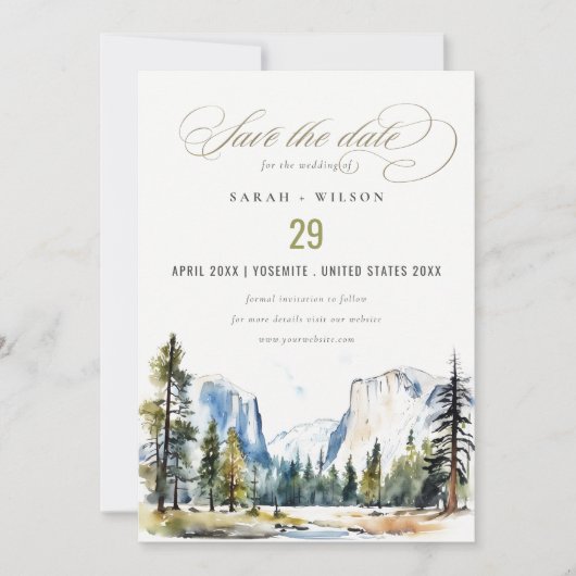 Chic Yosemite National Park CA Waterverf bruiloft Save The Date (Voorkant)