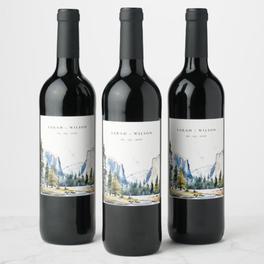 Chic Yosemite National Park CA Waterverf bruiloft Wijn Etiket (Flessen)