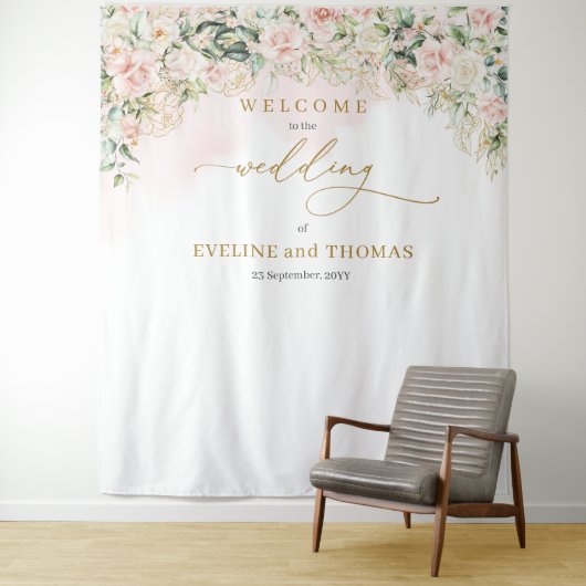 Chic zachte pastel roze rozen bruiloft achtergrond wandkleed (In situ)