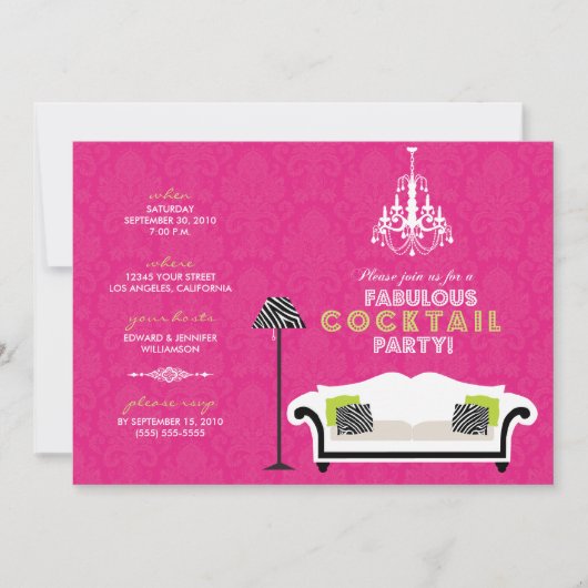 Chic Zebra Cocktail Party Invitation (hot roze) Kaart (Voorkant)