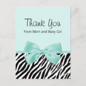 Chic Zebra Fresh Mint Bow Baby shower Bedankt Aankondigingskaart (Voorkant)