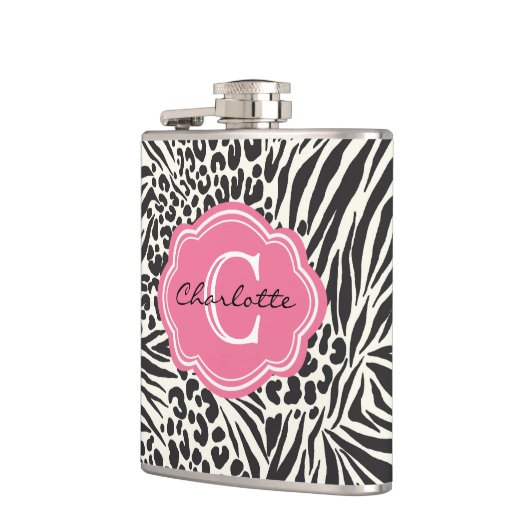 Chic Zebra Leopard en roze maatkolf Heupfles (Links)