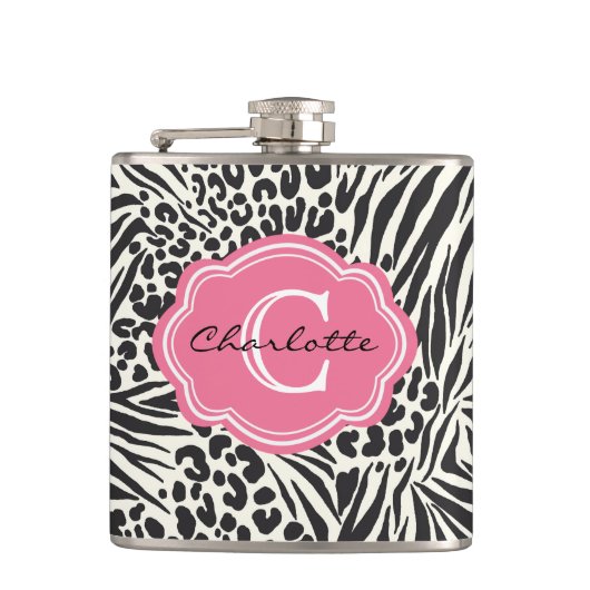 Chic Zebra Leopard en roze maatkolf Heupfles (Voorkant)
