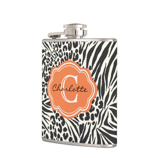 Chic Zebra Leopard & Oranje Eigen monogram Fles Heupfles (Links)