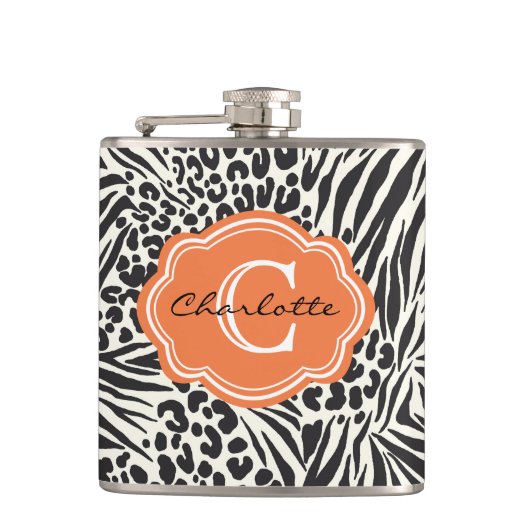 Chic Zebra Leopard & Oranje Eigen monogram Fles Heupfles (Voorkant)