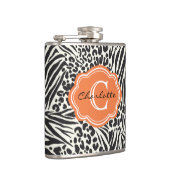 Chic Zebra Leopard & Oranje Eigen monogram Fles Heupfles (Rechts)