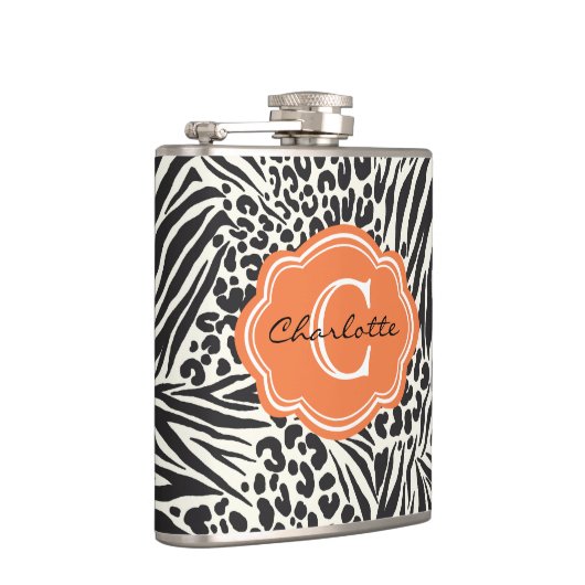 Chic Zebra Leopard & Oranje Eigen monogram Fles Heupfles (Rechts)