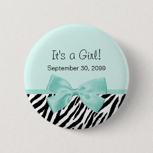 Chic Zebra Mint Ribbon Girly Geboorteaankondiging Ronde Button 5,7 Cm