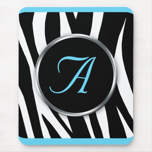 Chic Zebra Print Aqua Blue Monogram mousepad Muismat (Voorkant)
