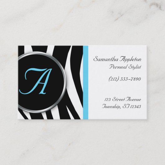 Chic Zebra Print Aqua Monogram Visitekaartjes (Voorkant)