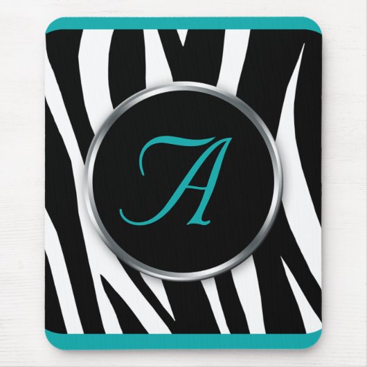 Chic Zebra Print Blauwgroen Monogram mousepad Muismat (Voorkant)