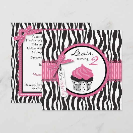 Chic Zebra Print & Cupcake Birthday Kaart (Voorkant / Achterkant)