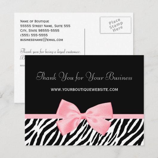 Chic Zebra Print Dank u Licht True Pink Ribbon Briefkaart (Voorkant / Achterkant)