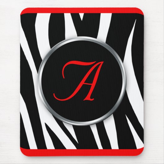 Chic Zebra Print Red Monogram mousepad Muismat (Voorkant)