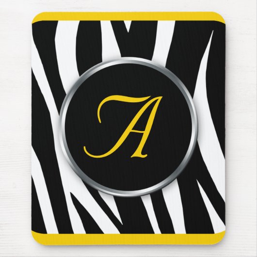 Chic Zebra Print Yellow Monogram mousepad Muismat (Voorkant)