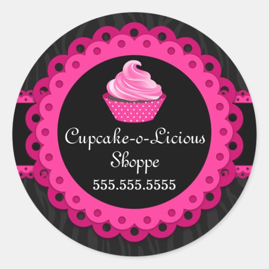 Chic Zebra Roze Kant Cupcake Bakkerij Box Seals Ronde Sticker (Voorkant)