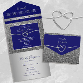 Chic Zilver en Koninklijk Blauwe Bruiloft All In One Uitnodiging
