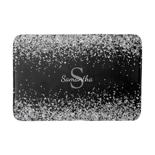 Chic Zilver Glitter Confetti Monogram Zwart Badmat (Voorkant)