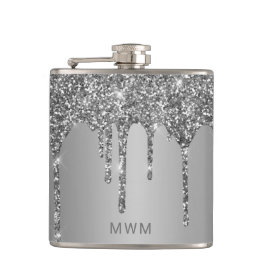 Chic Zilver Glitter Druppels Glans Monogram 180 ml Heupfles