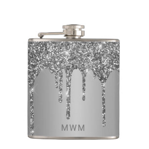 Chic Zilver Glitter Druppels Glans Monogram 180 ml Heupfles