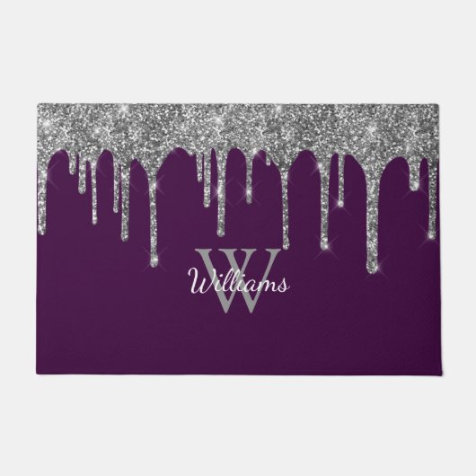 Chic Zilver Glitter Druppels Monogram Naam Paars Deurmat (Voorkant)