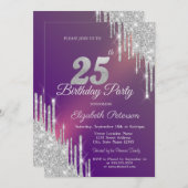 Chic Zilver Glitter Druppels Paars 25e Verjaardag  Kaart (Voorkant / Achterkant)