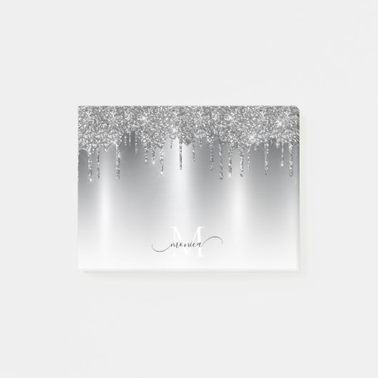 Chic Zilver Grijs Druppel Glitter Monogram Naam Post-it® Notes (Voorkant)
