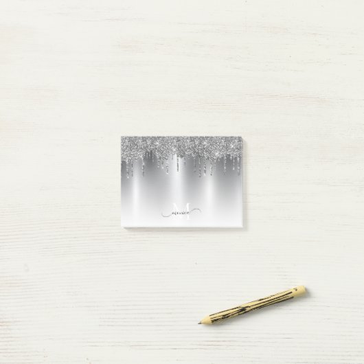 Chic Zilver Grijs Druppel Glitter Monogram Naam Post-it® Notes (Op bureau)